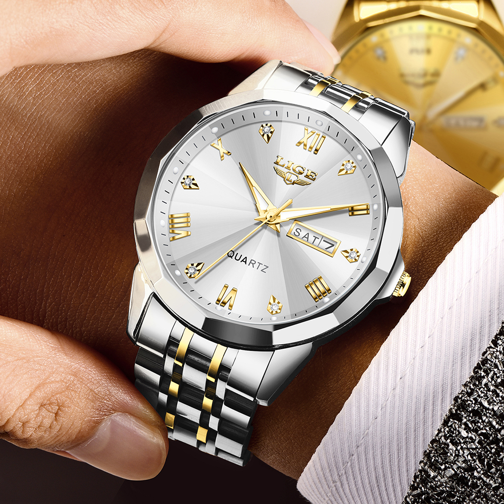 LIGE Men's Quartz Watch Classic Business Watch Double Calendar Three Pin Watch Stainless Steel strap Teen Watch Student Watch