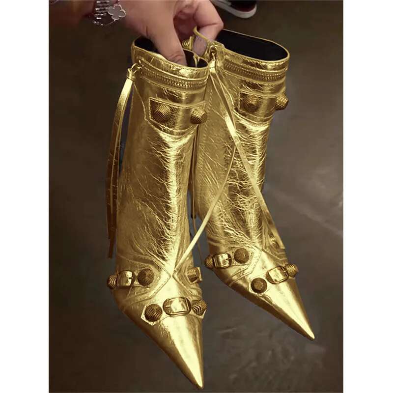 Sexy Gold Sliver Ankle New Metal Buckle Rivet High Thin Heels Pointed Toe Tassels Zipper Short Boots For Women