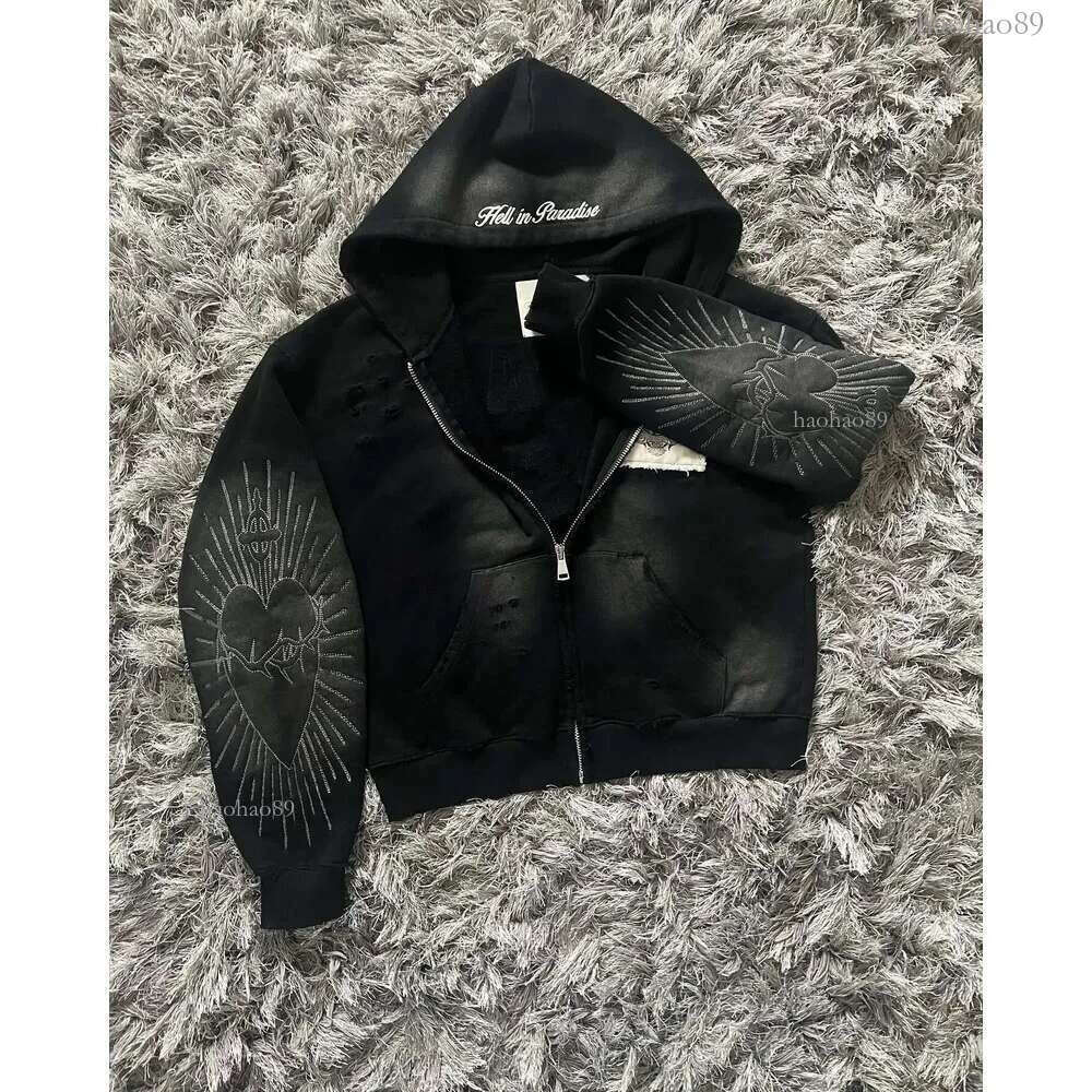 Hell in Paradise Street Retro Gothic Style Zip Up Hoodie Y2k Alphabet Embroidery Patchwork Hoodies Loose Sweatshirt Men Clothing