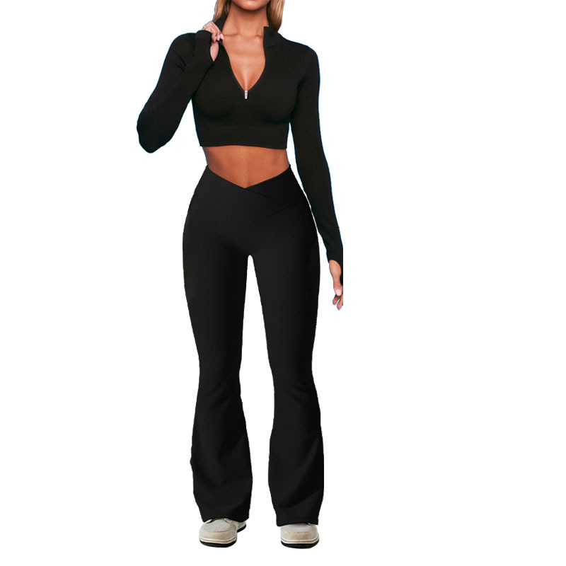 Fashionable women's sports designer set half zipper yoga suit slimming flared pants with velvet yoga micro horn high waist and hip lifting pants 