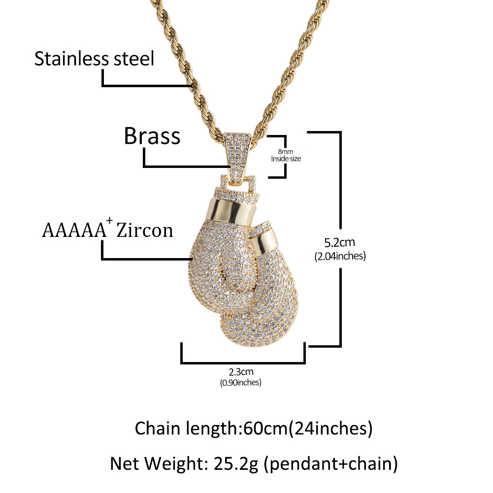 Hip Hop Boxing Gloves Pendant Necklace TopBling Full 5A Zircon 18K Real Gold Plated Sports Jewelry