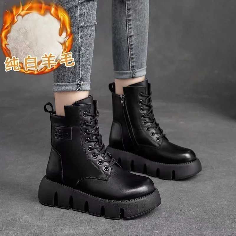 Short Plush 2024 Winter Female Ankle Boots Genuine Leather Cott Boots Thick-soled Padded Women Shoes Warm Snow Boots FemaleXJ250217