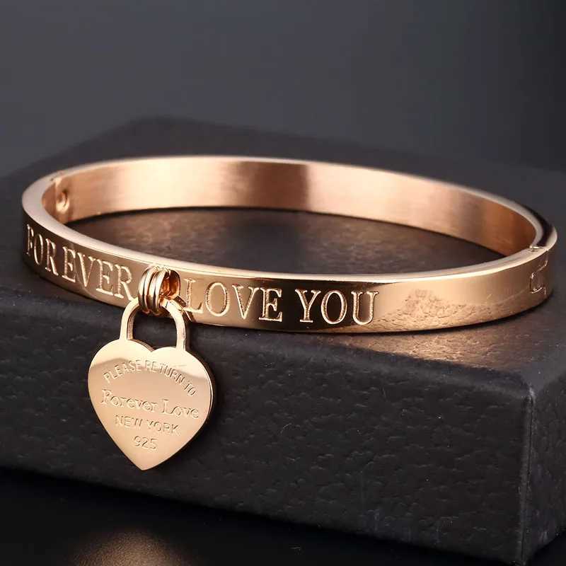 Bangle Trendy Stainless Steel Bangles Bridesmaid Gift Gold Color Cuff Forever Love Heart Bracelets Female 2022 H250115