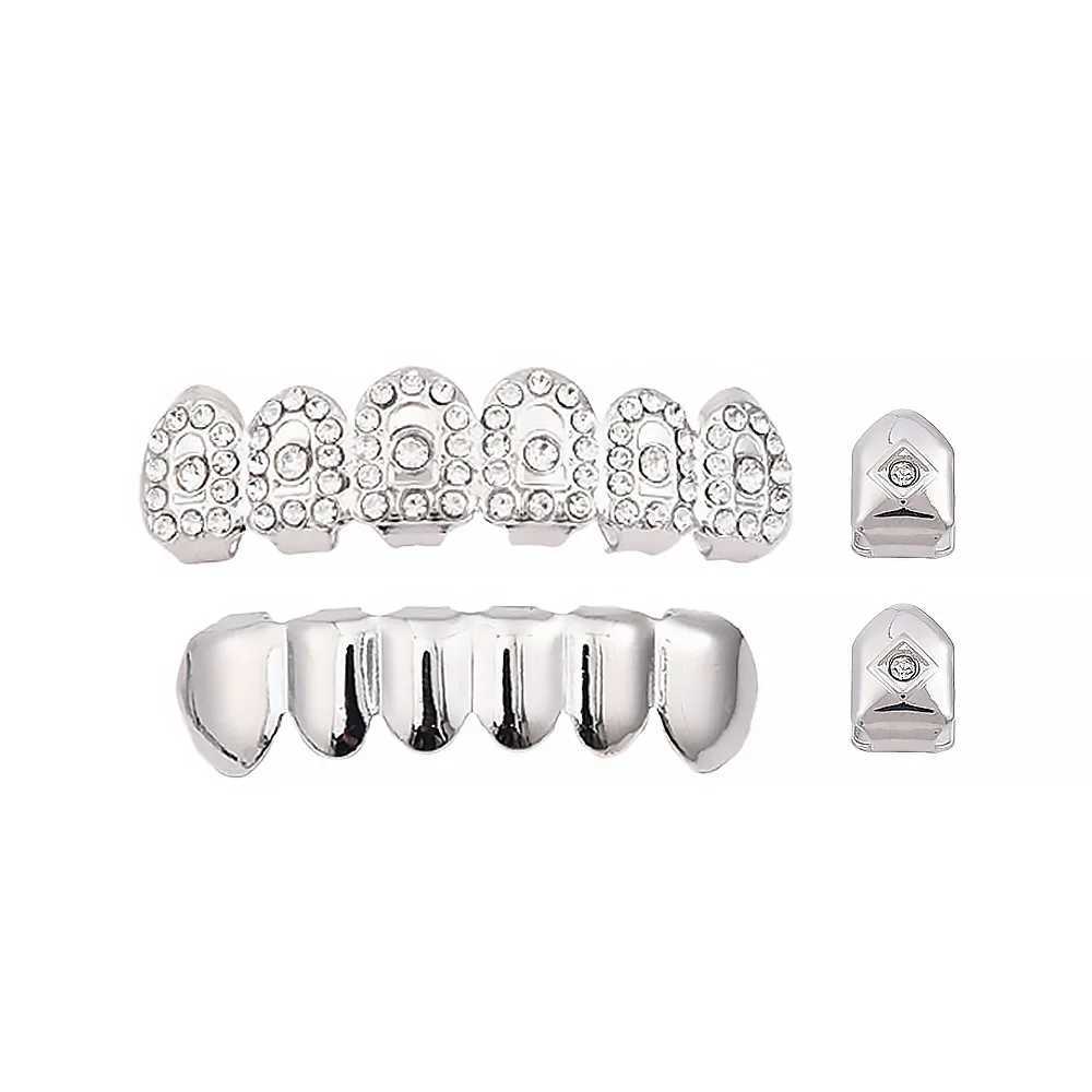 Hip Hop Iced Out CZ Stones Teeth Grillz Hat Cube Zircon Micro Lay Top and Bottom Charm Grill SetXJ250412