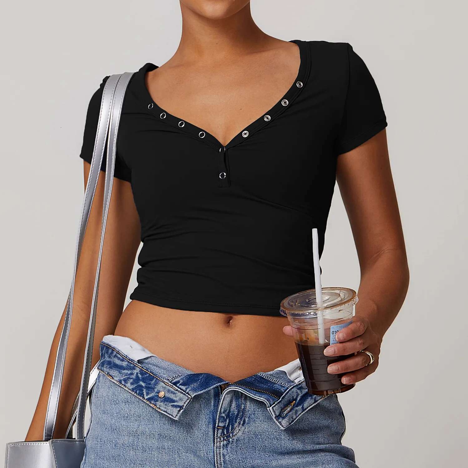 Women's Short Sleeved T-shirt V-neck Crop Top Shirt Women's Sports Top Sportswear Yoga Top Designer T-shirt