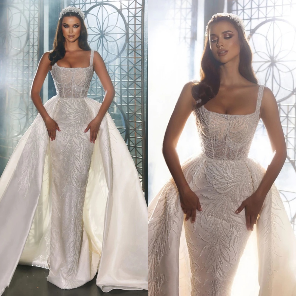 Mermaid Wedding Dresses For Women Square Neck Sleeveless Gown Sequins Sweep Train Customized Dress Party