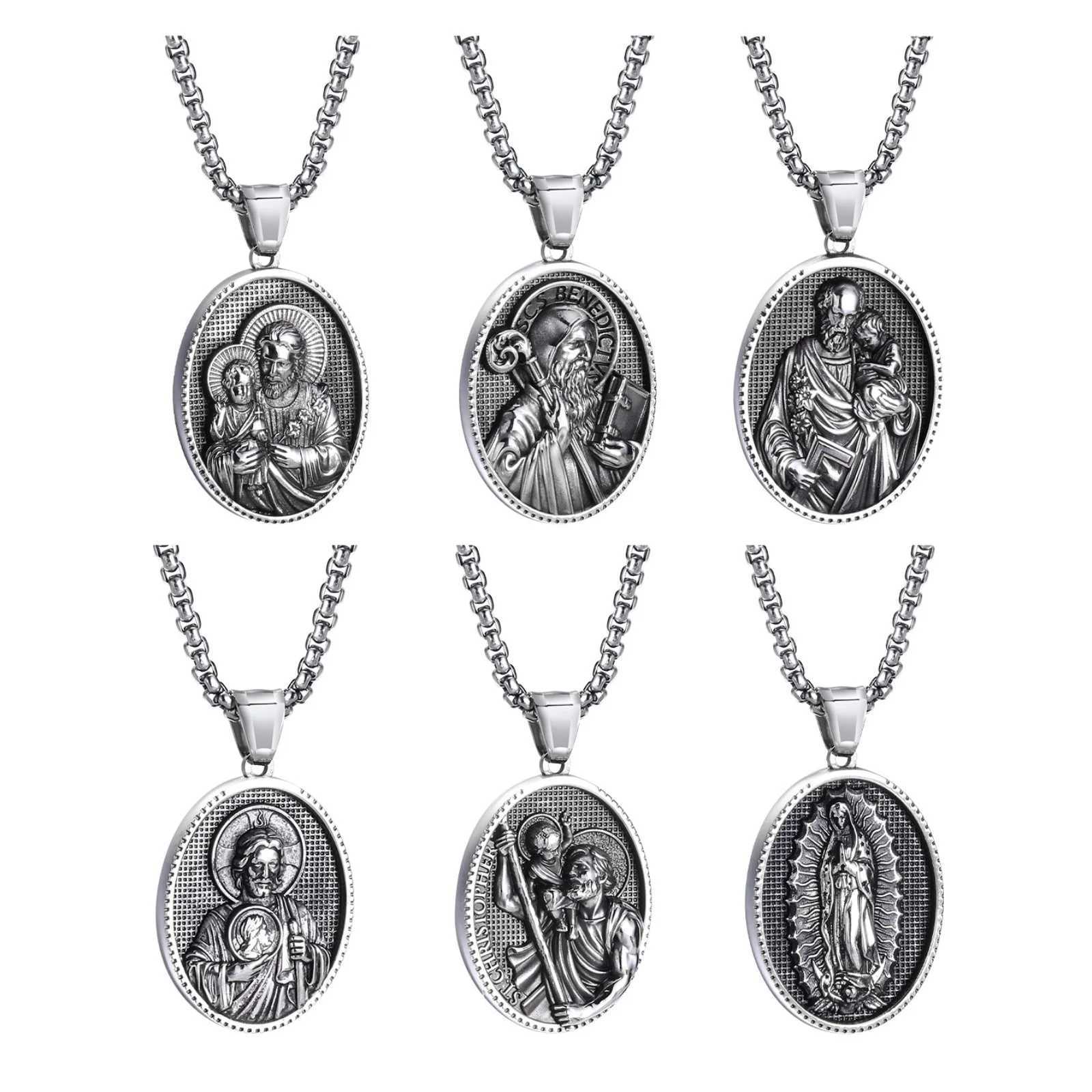 Saint Josephs Elliptical Necklaces for Men BoysST. Christopher Stainl Steel Pendant NecklacesRetro Vintage Jewelry GiftXJ250114