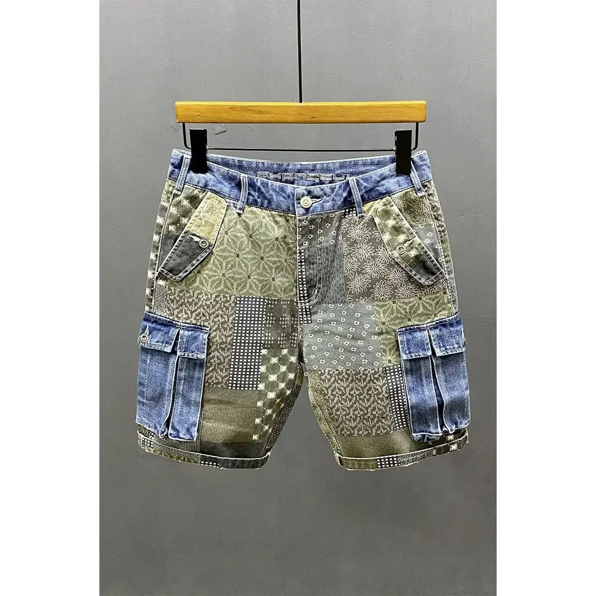 High Quality Kpop Mens Hiphop Irregular Printed Summer Slim Casual Pants Patchwork Printing Jeans Shorts 250109Z