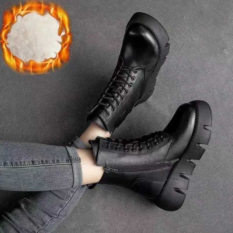 Short Plush 2024 Winter Female Ankle Boots Genuine Leather Cott Boots Thick-soled Padded Women Shoes Warm Snow Boots FemaleXJ250217