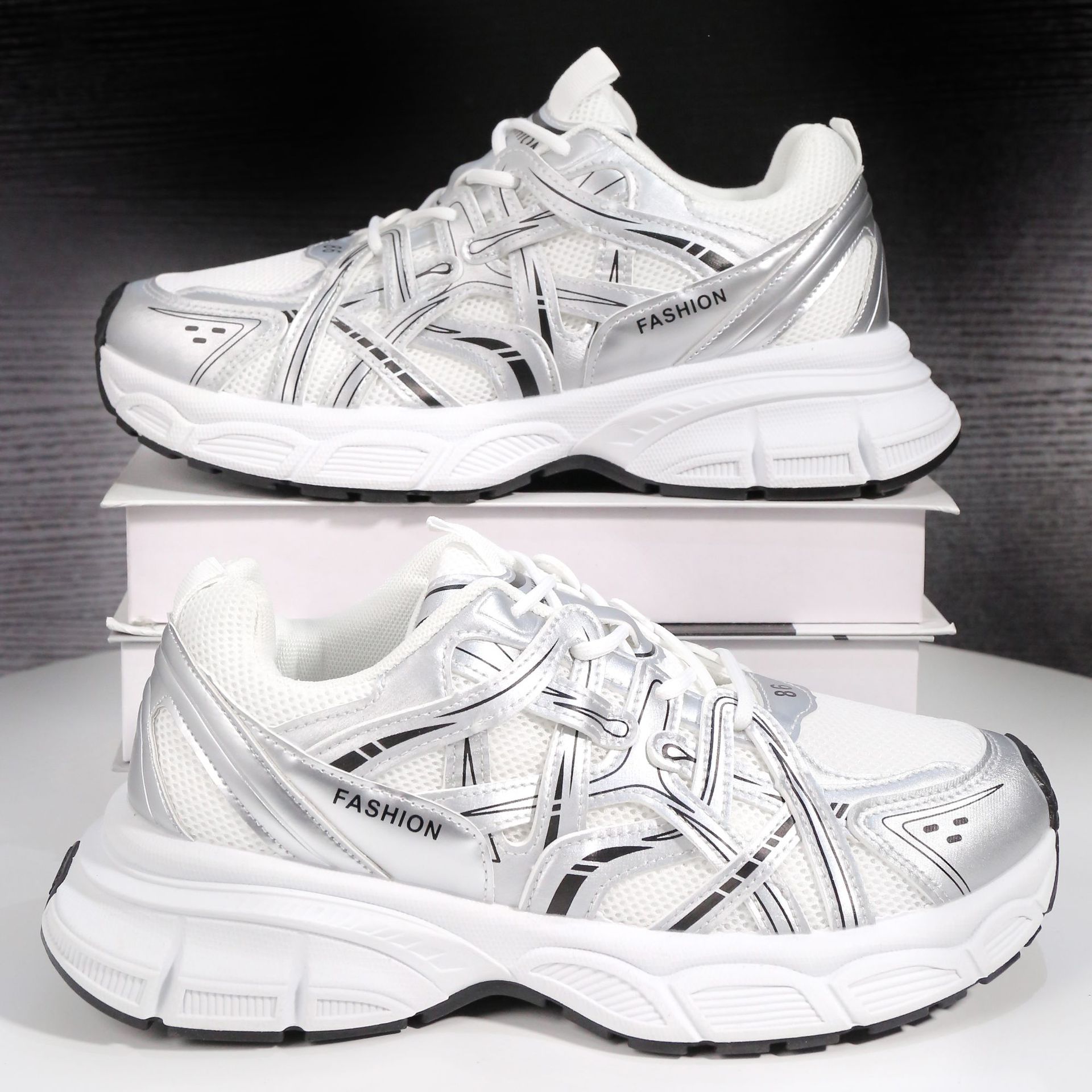 Men Sports Shoes Thick Sole Chunky Shoes Trendy Versatile Casual Style High-end Triple Black Silver Champagne Free shipping
