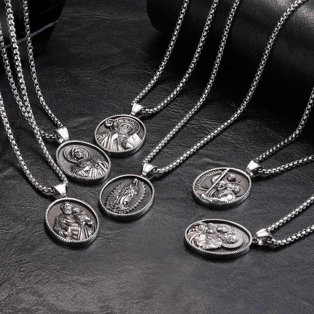 Saint Josephs Elliptical Necklaces for Men BoysST. Christopher Stainl Steel Pendant NecklacesRetro Vintage Jewelry GiftXJ250114