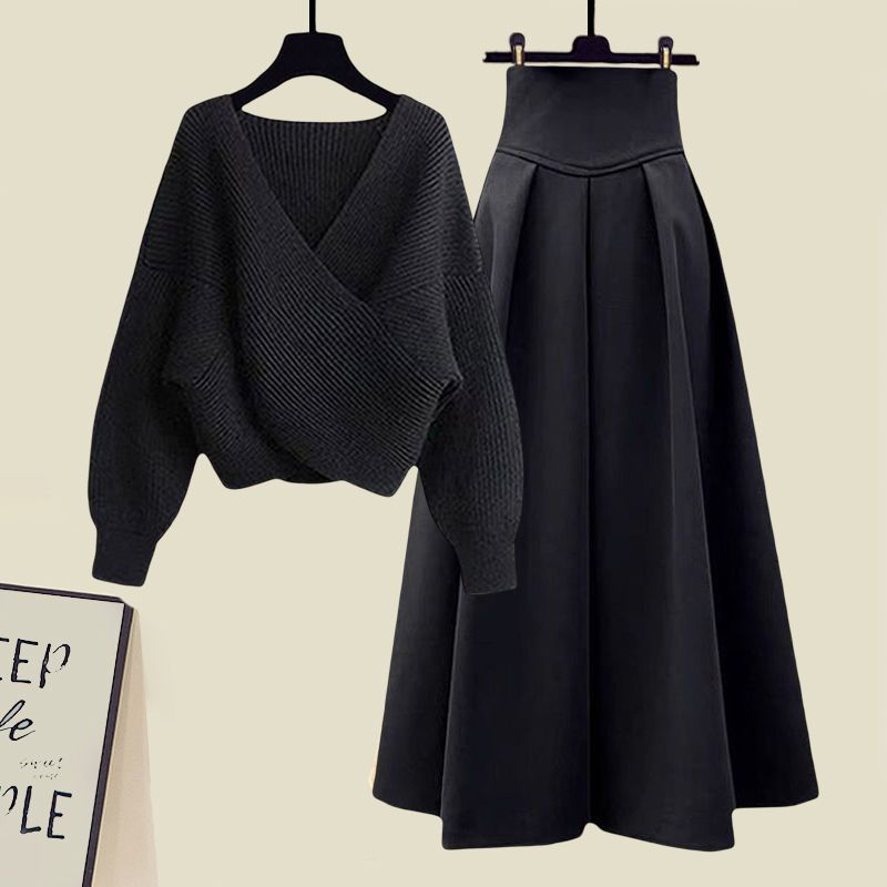 Two Piece Dress Plus Size Women's Winter Knitwear 2024 Style Age-Reducing Cross Top Sweater Slimming Skirt 2-Piece Set