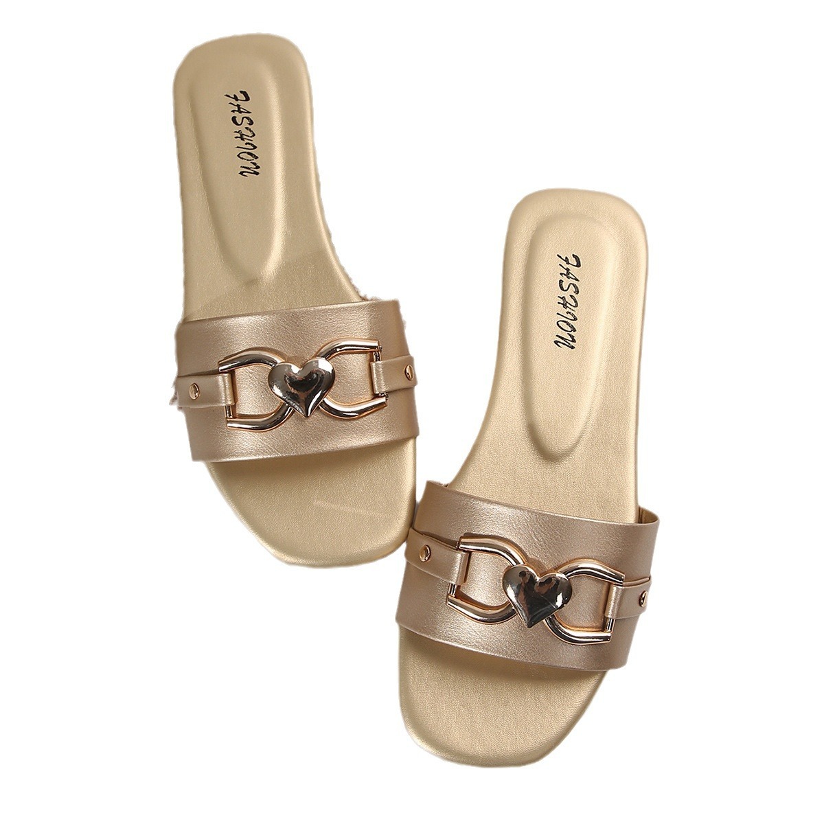Valentine's Day women's new fashionable slippers with classic temperament and versatile solid color metal decoration square toe flat sandals