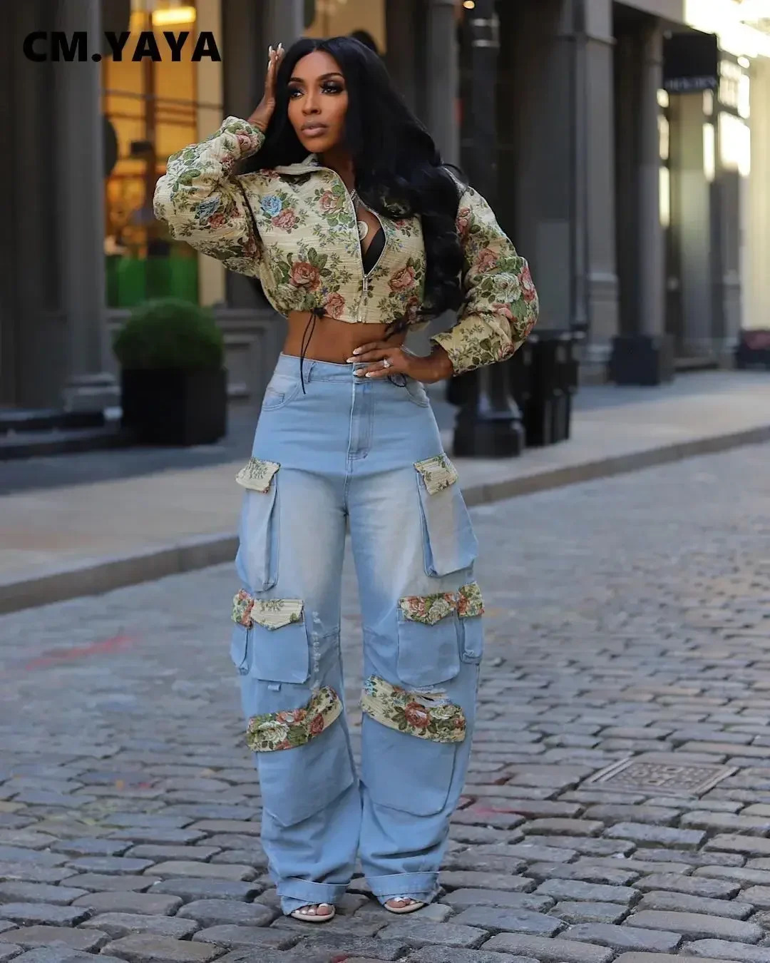 CM.YAYA Washed Denim Womens Set Full Sleeve Floral Jacket and Pockets Cargo Jeans Pants Suit Street Two 2 Piece Set Outfit 250109