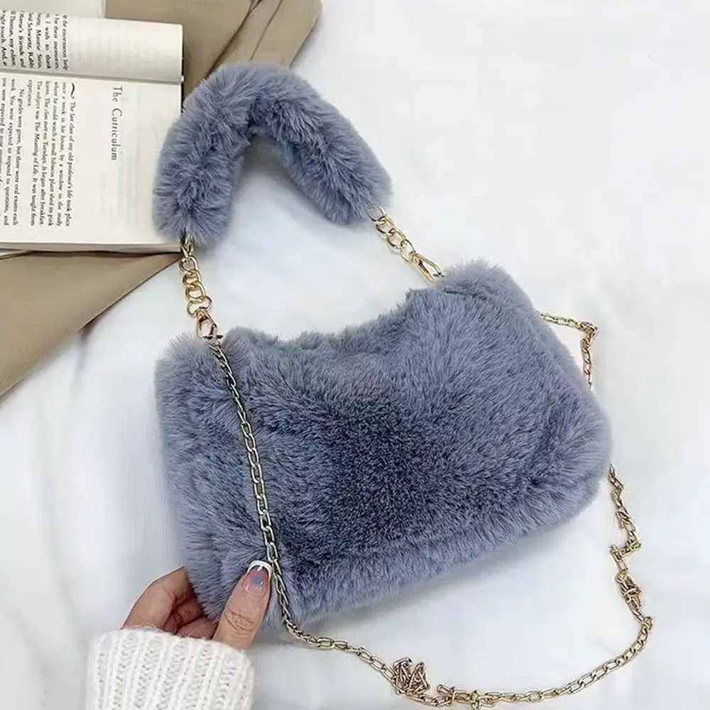 New Arrival Fashionable womens fluffy shoulder bag womens winter under chain bag solid color handbag soft plush handbag T250407