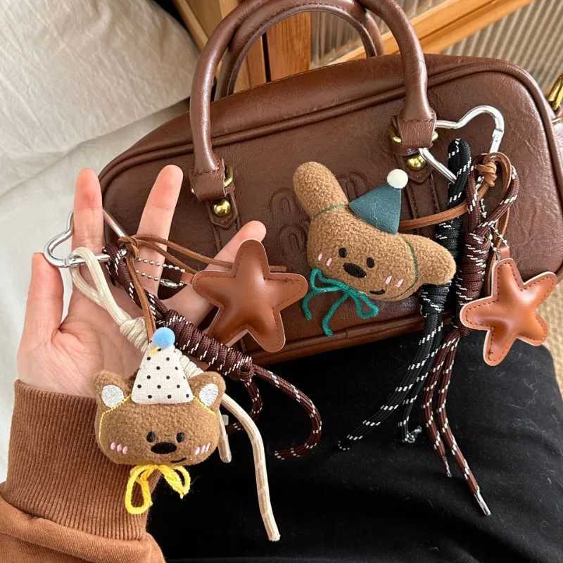 Keychains Lanyards Waist Chain Belts Cartoon plush teddy bear doll pendant high-end coffee color backpack bead chain keychain decoration H250115
