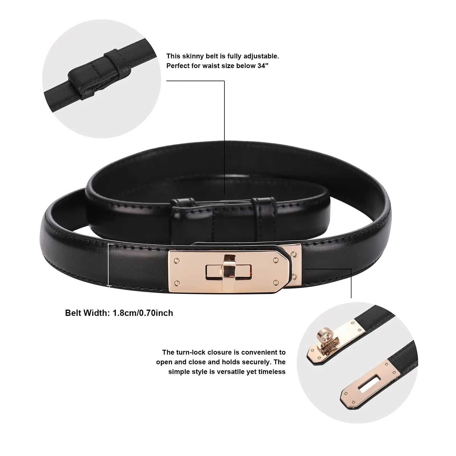 Womens Genuine Leather Belts For Jeans Dres Pants Skinny Waist Belt with Adjustable Gold Turn-Lock BuckleXJ250114