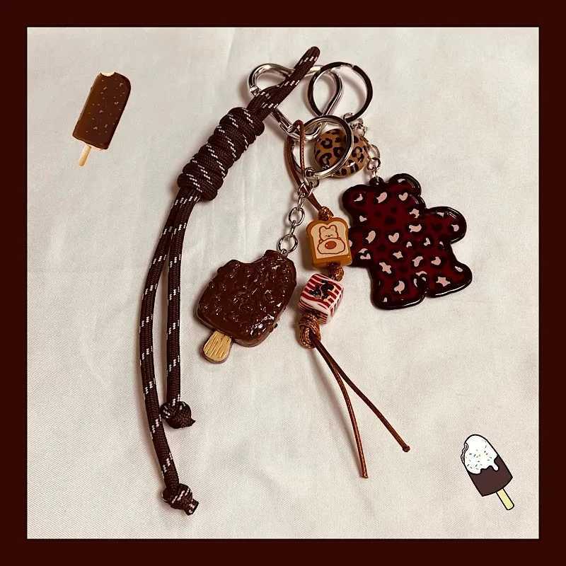 Keychains Lanyards Original Ice Cream Bear Keychain DIY backpack pendant Handmade woven rope multi-element ornament H250115