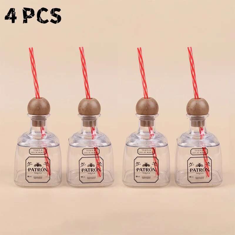 375Ml Acrylic Reusable Cups With Straw Hole Mini Patron Tequila Bottles Empty For Drinking