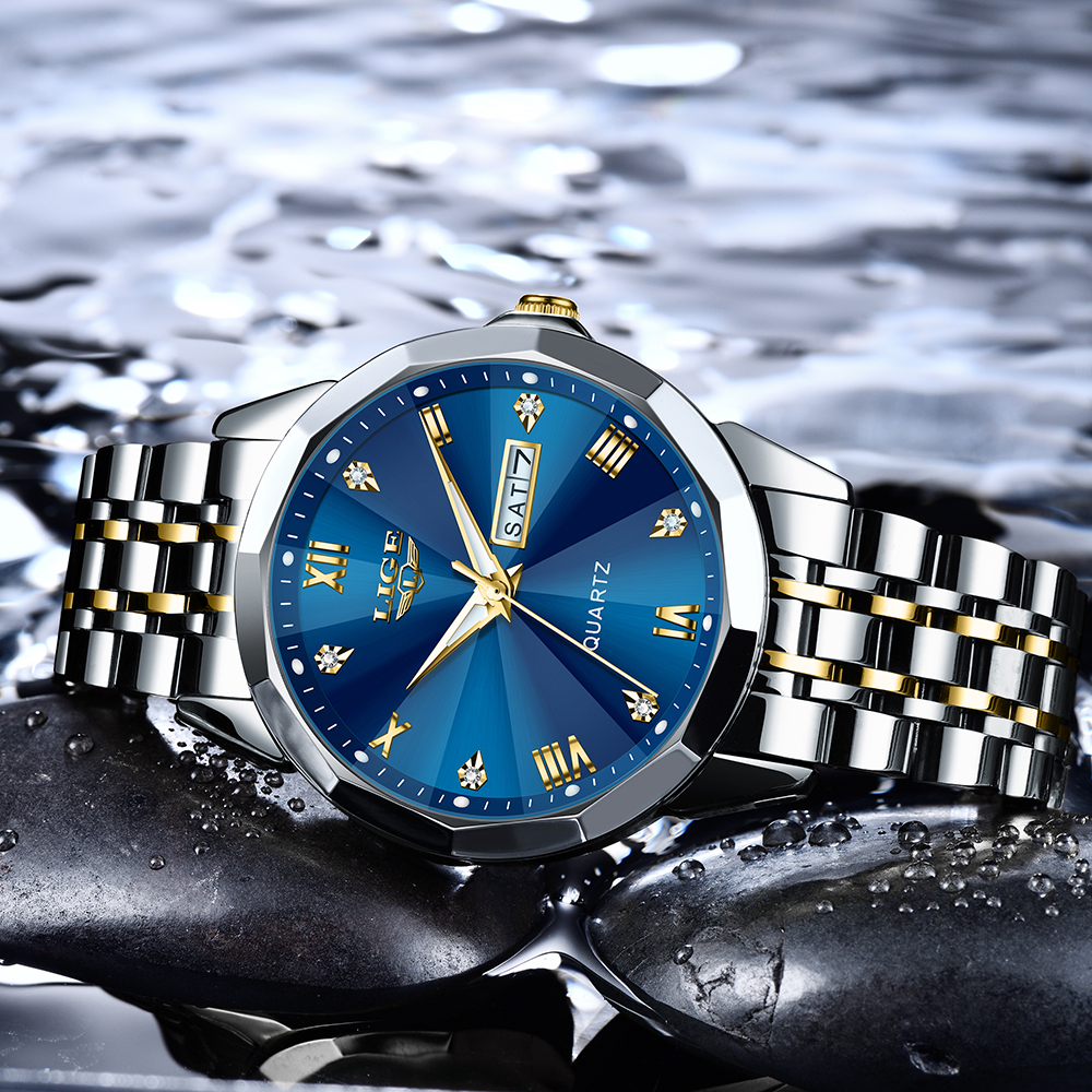 LIGE Men's Quartz Watch Classic Business Watch Double Calendar Three Pin Watch Stainless Steel strap Teen Watch Student Watch
