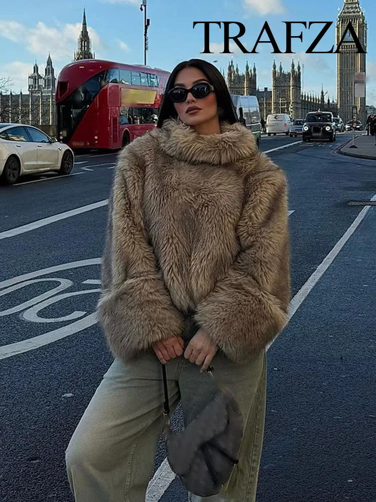 TRAFZA Women Winter Elegant Loose Long Sleeve Casual Coats Woman High Collar Warm Faux Fur Pullover Sweatshirts Streetwear 250107