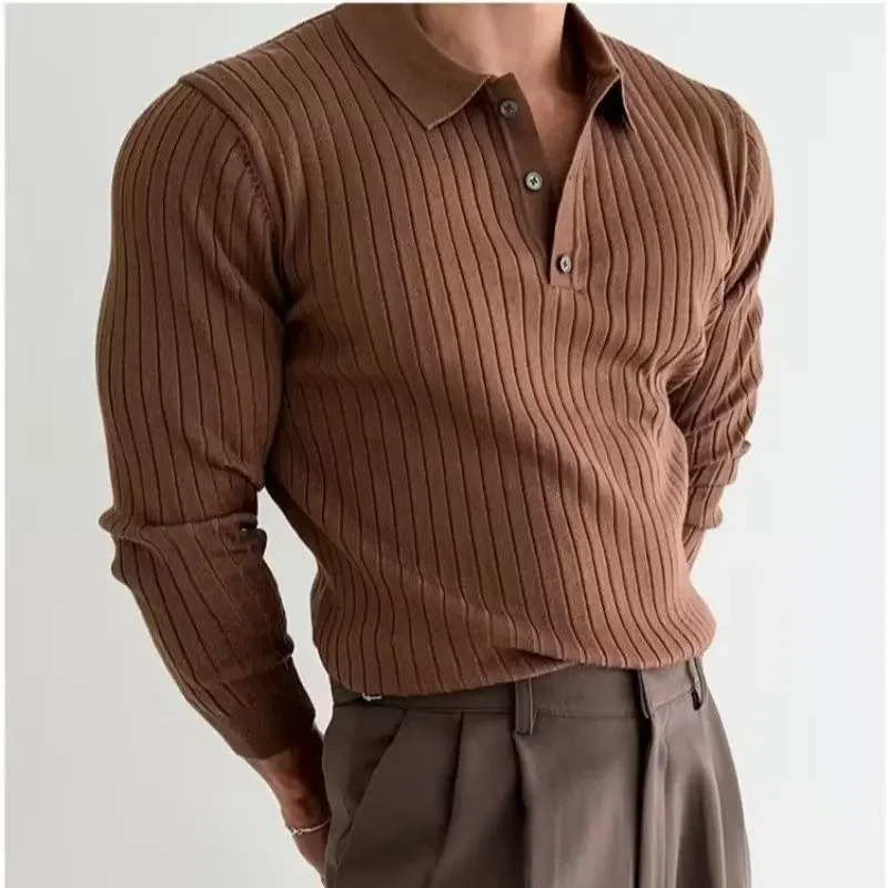 Mens Autumn Polo Long Sleeve Knitted Top Young Fashion Casual Clothing Loose Button Down Shirt 250109