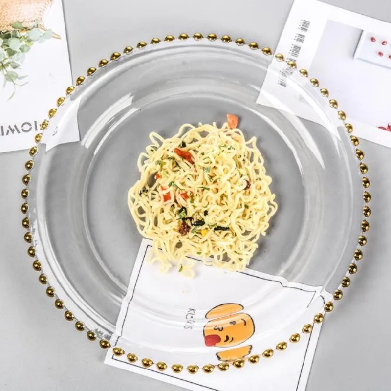 Plates Nordic Gold Beads Glass Plate Charger Decorative Salad Fruit Dish Transparent Serving Tray Wedding Dinner Event Supplies