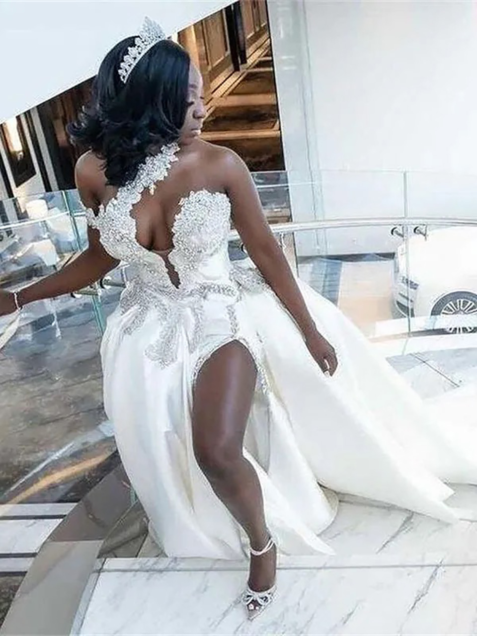 One-Shoulder Crystallized High Split Wedding Dress - Sexy Satin A-Line with Sweep Train