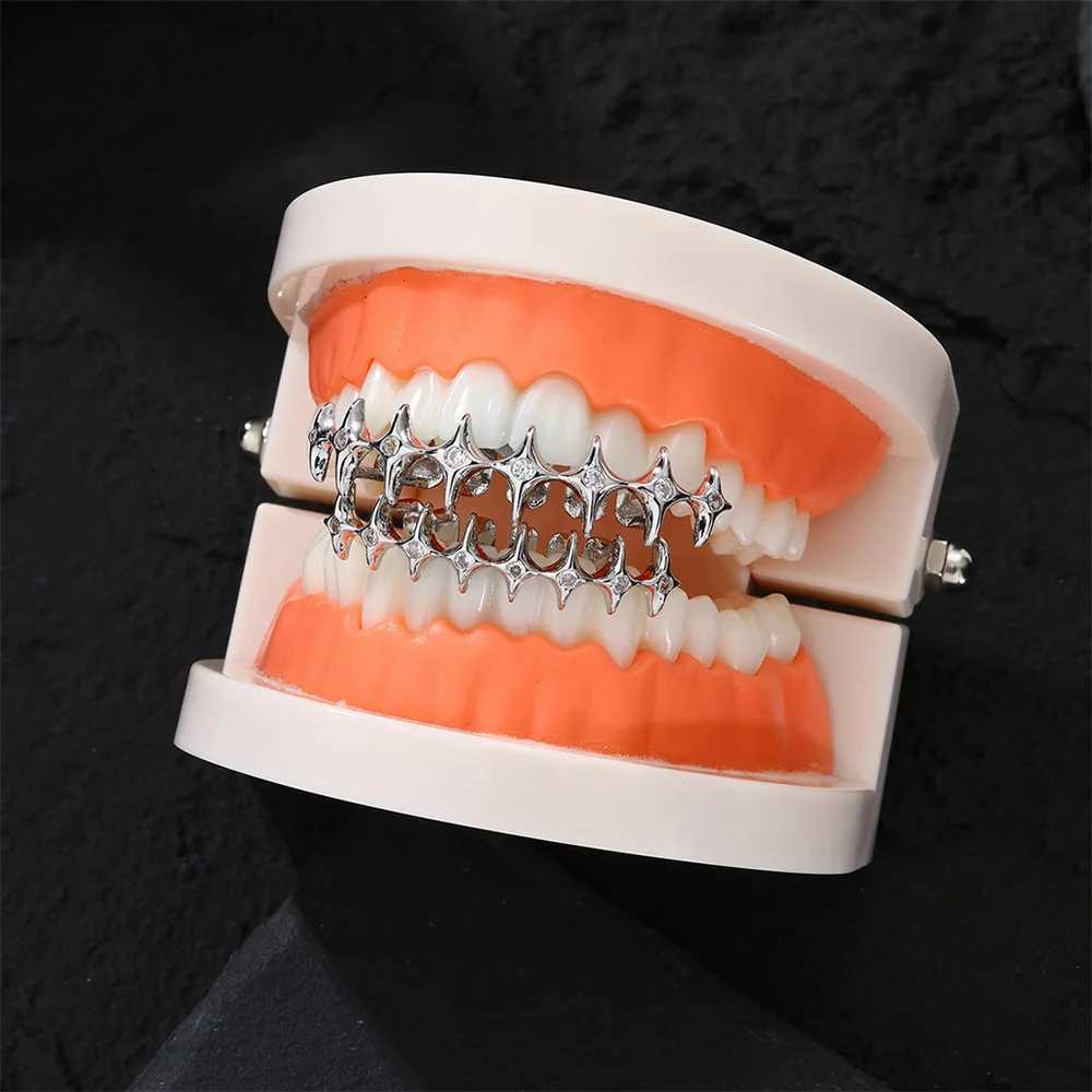 Hip Hop Iced Out Golden Grillz Teeth For Men Cosplay Skeleton CZ Stones Inlaid Dentist Decor Rapper Fashion Teeth JewelryXJ250114