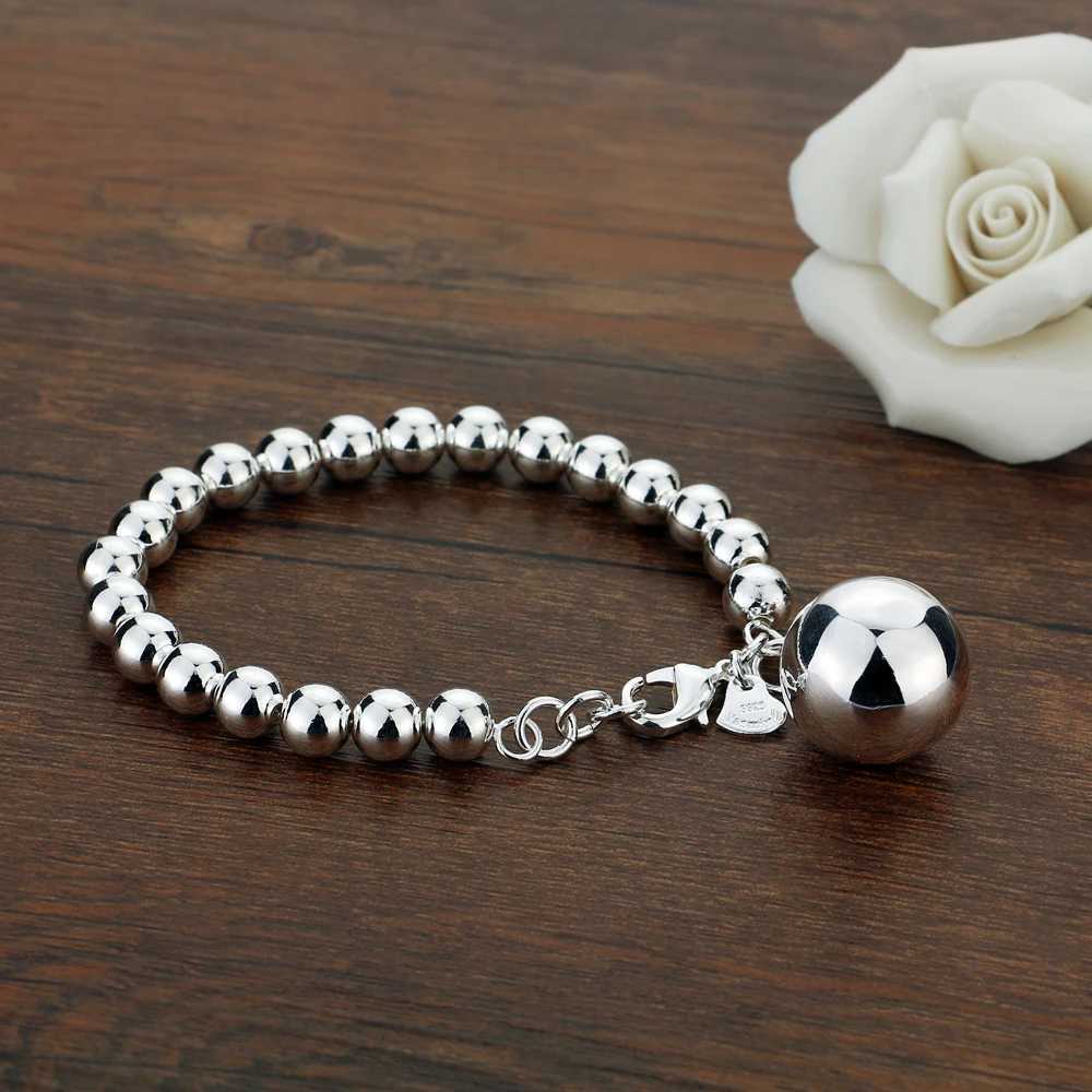 Chain Womens 925 Sterling Silver Bracelet Ethnic The Ball Pendant Beaded Lady Charm Jewelry 20cm Solid H250115