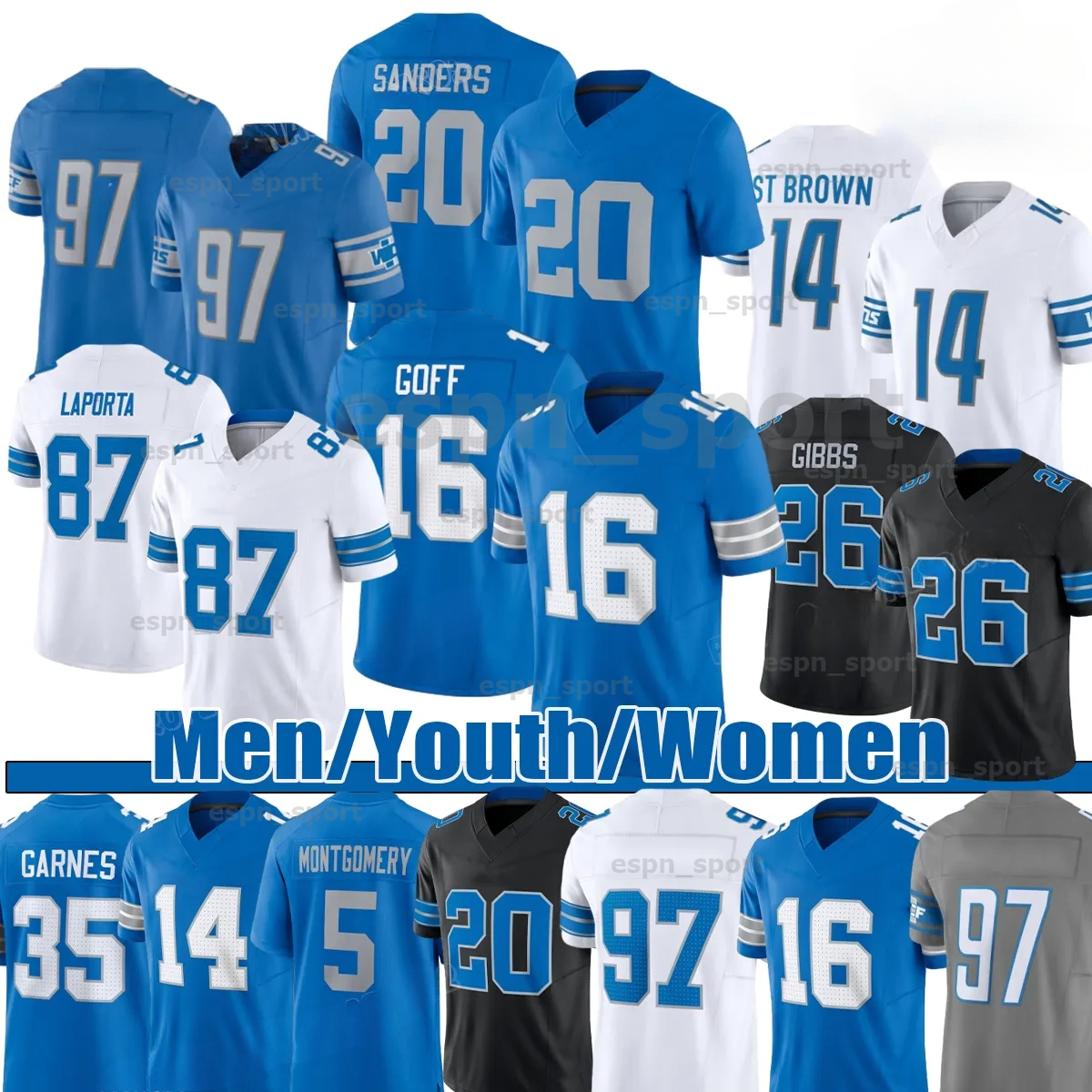Football Jerseys 97 H U T C H I N S O N 20 Barry Sanders 16 Jared Goff Amon-Ra St Brown Jahmyr Gibbs Sam LaPorta Brian Branch Men/Women/Youth TopStitched