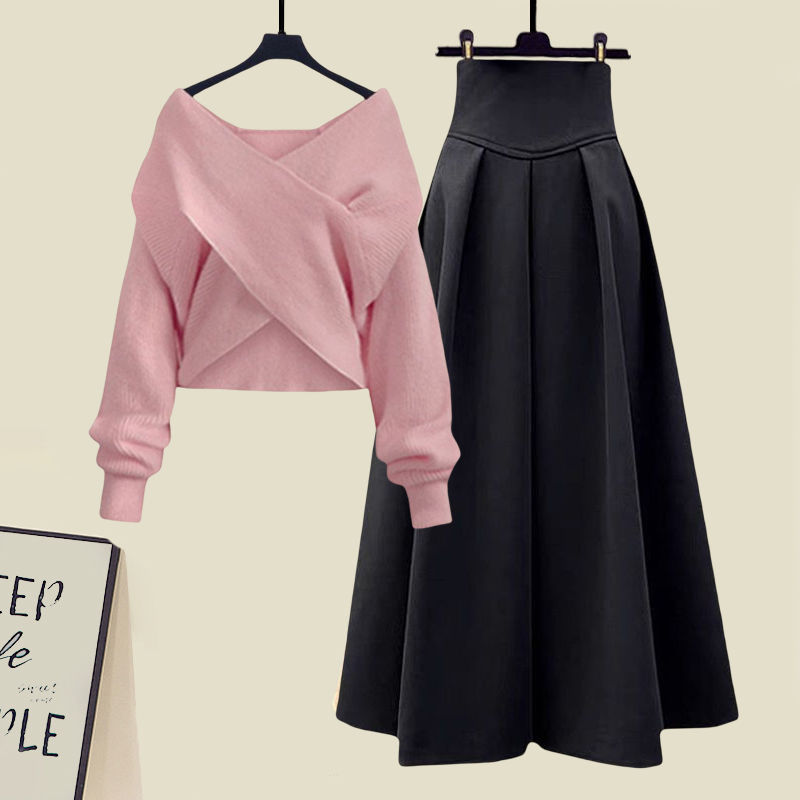 Two Piece Dress Plus Size Women's Winter Knitwear 2024 Style Age-Reducing Cross Top Sweater Slimming Skirt 2-Piece Set