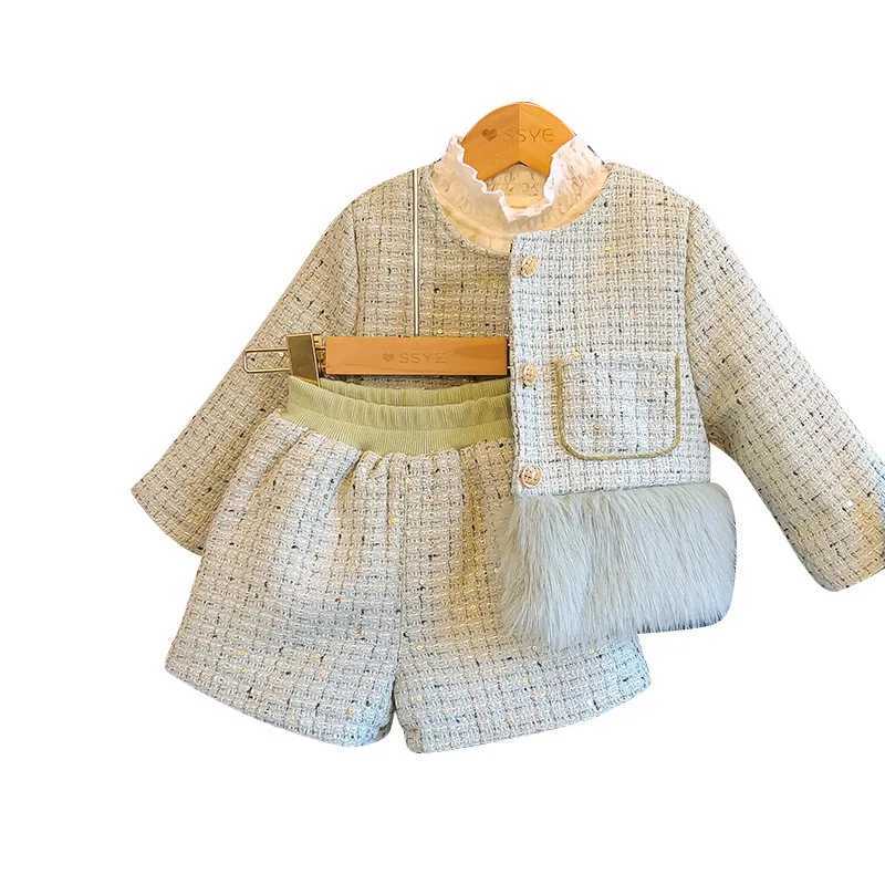 Clothing Sets Winter girls fashion plus wool suit little girls cute little perfume fluff warm two-piece baby girls baby clothes Y241129MMXE