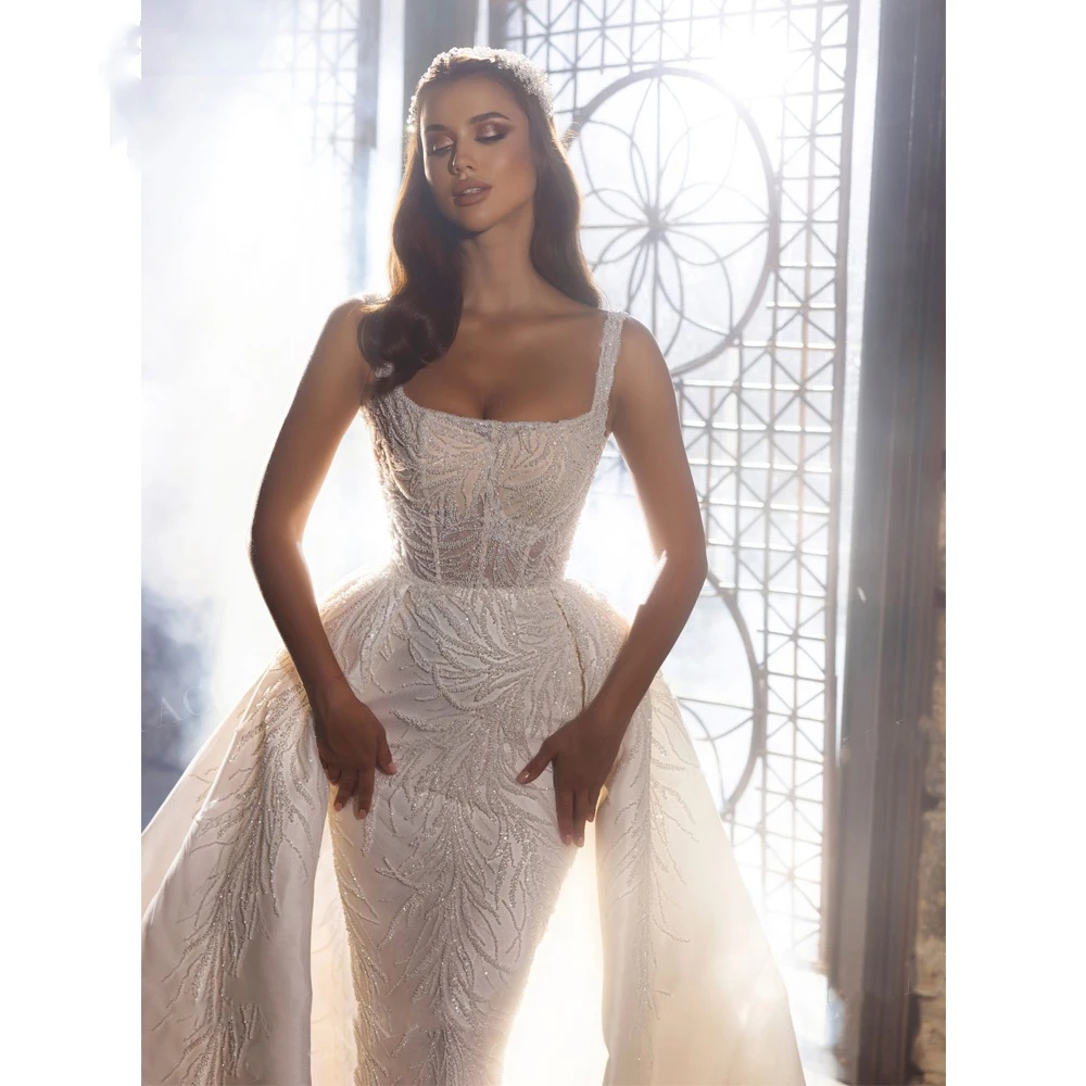 Mermaid Wedding Dresses For Women Square Neck Sleeveless Gown Sequins Sweep Train Customized Dress Party