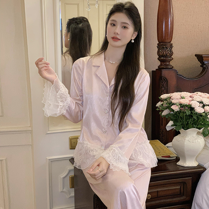 B656-French pajamas women's long-sleeved trousers sweet princess style ice silk suit autumn pajamas home clothes can be worn outside