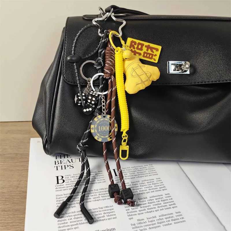 Keychains Lanyards Cute Football Helmet Keychain Yellow Lucky Money Bag Chips Dice Pendant Versatile Trendy Lanyard Game Machine Braided Rope H250115