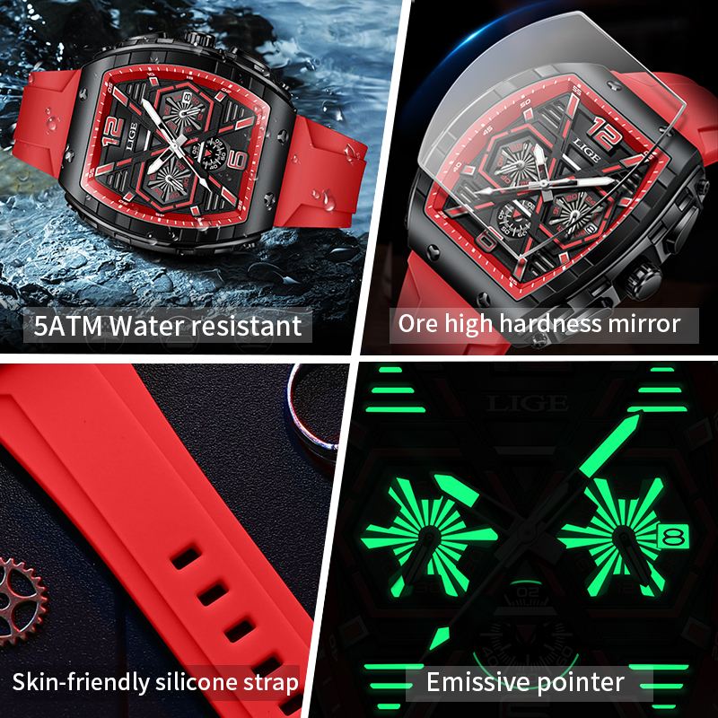 LIGE Men's quartz Watch Classic Business watch lift screen LED glow-in-the dark light wine barrel appearance multi-functional sports watch