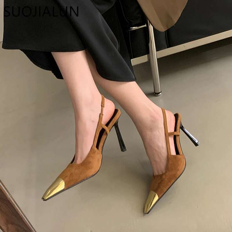 SUOJIALUN 2024 New Brand Women Sandal Fashion Mix Color Ladies Eelgant Outdoor Dress Sgback Shoes Thin High Heel Sexy Pumps S