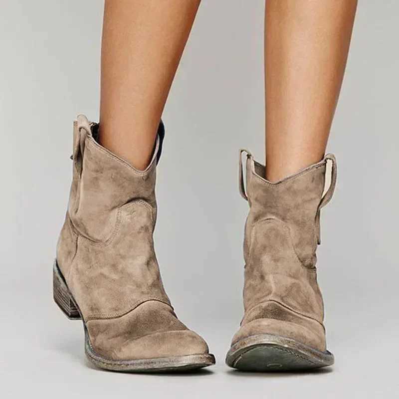 Vintage Cowboy Ankle Boots for Women Pointed Toe Low Heels Female Autumn Winter Slip PU Leather Booties 2024XJ250115