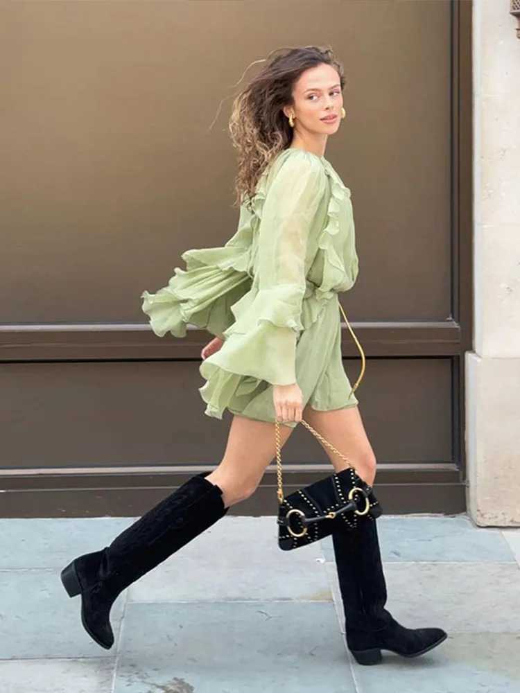 Ele Women Green Irregular Ruffles Loose Mini Dress Fashion O Neck Full Sve Short Vestidos Spring Summer Chic Lady DressesXJ250115