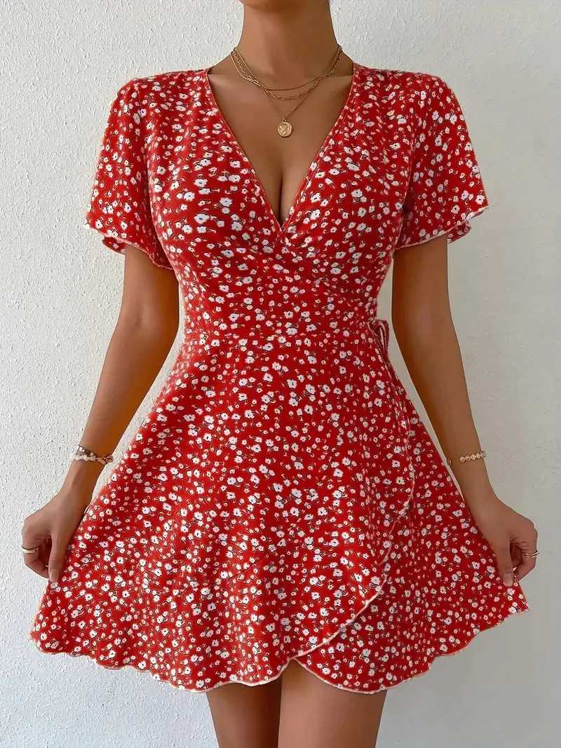 Womens sexy printed first-line dress summer bohemian V-neck short skirt Sved mini dressXJ250224