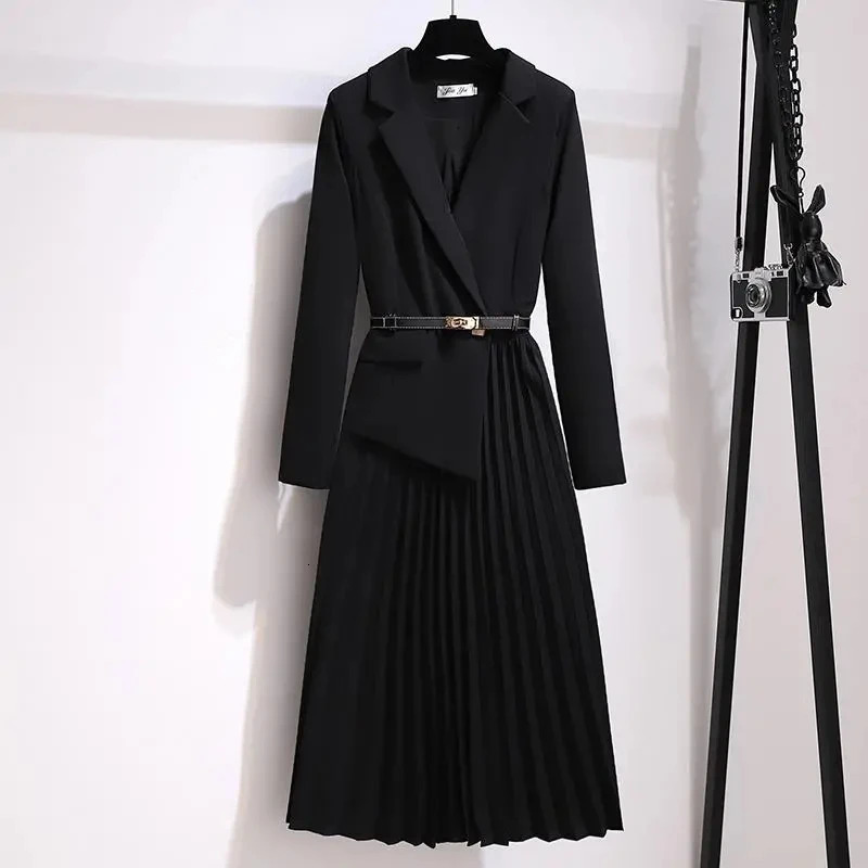 Spring Autumn Womens Dresses 2024 Fashion Suit Collar Stitching Two-Piece Elegant Lady Office Long Dress Vestidos 250113