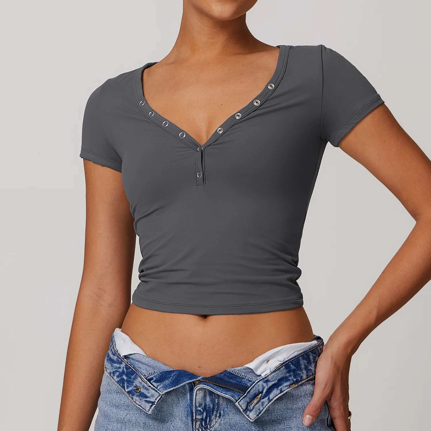 Women's Short Sleeved T-shirt V-neck Crop Top Shirt Women's Sports Top Sportswear Yoga Top Designer T-shirt
