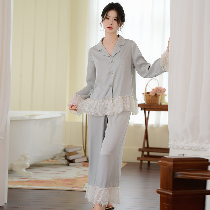 B656-French pajamas women's long-sleeved trousers sweet princess style ice silk suit autumn pajamas home clothes can be worn outside