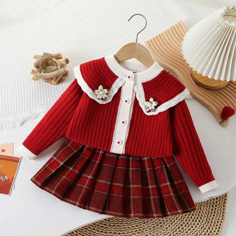 Clothing Sets Girls knitted two-piece flower Golilla knitted cardigan+Tatar skirt baby girls winter clothing childrens knitted sweater Y241129VC1V