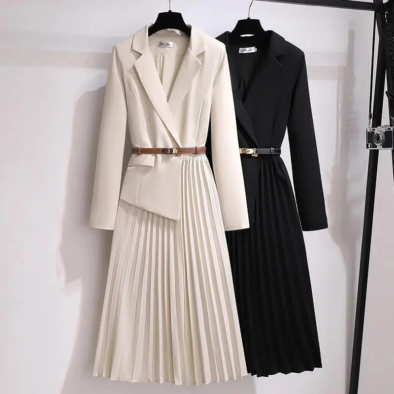 Spring Autumn Womens Dresses 2024 Fashion Suit Collar Stitching Two-Piece Elegant Lady Office Long Dress Vestidos 250113