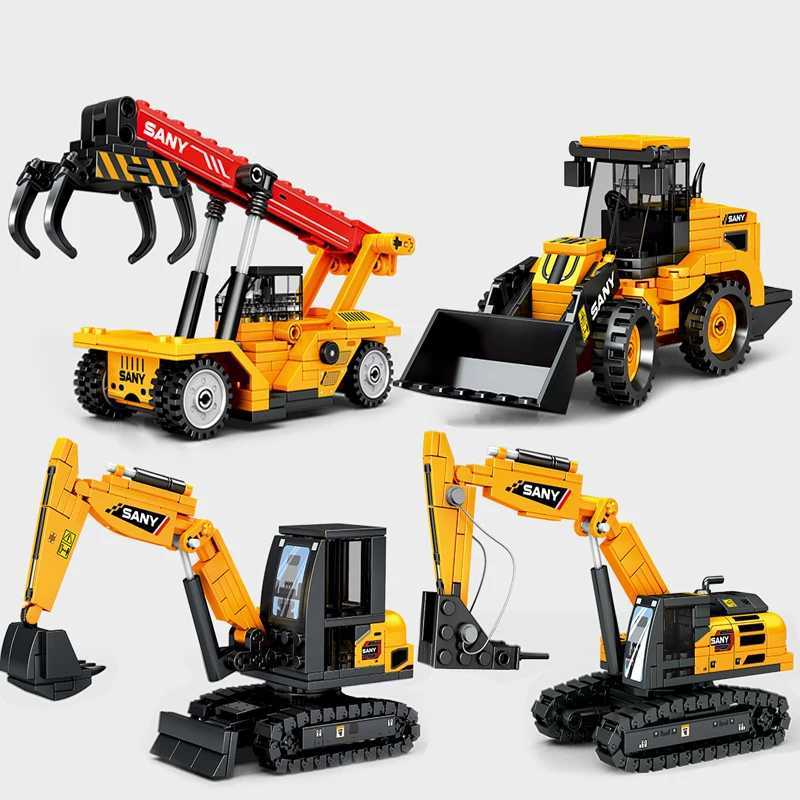 Free shipping 4 Sles On Engineering Vehicles Building Blocks Wheel Loader Excavator Crane Construction Model Mini Bricks Toys For Kids