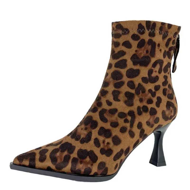 Sexy Pointed Toe Womens Boots Fi Leopard Thin High Heels Ankle Boots Women Flock Party Shoes Back Zip Modern Short BotasXJ250115