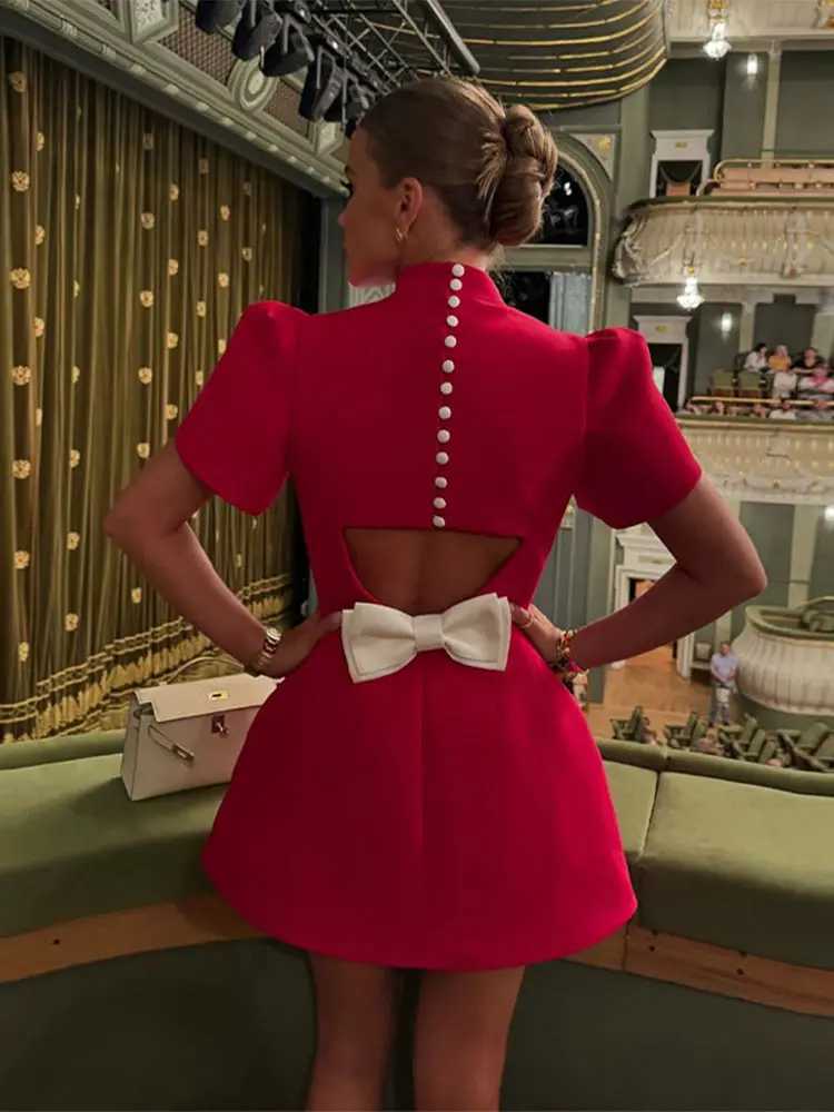2024 Ele Women Luxury Formal Hollow Red O-neck Mini Dress Fashion Bow Pad Shoulder Evening Dresses Lady Street Party VestidoXJ250115