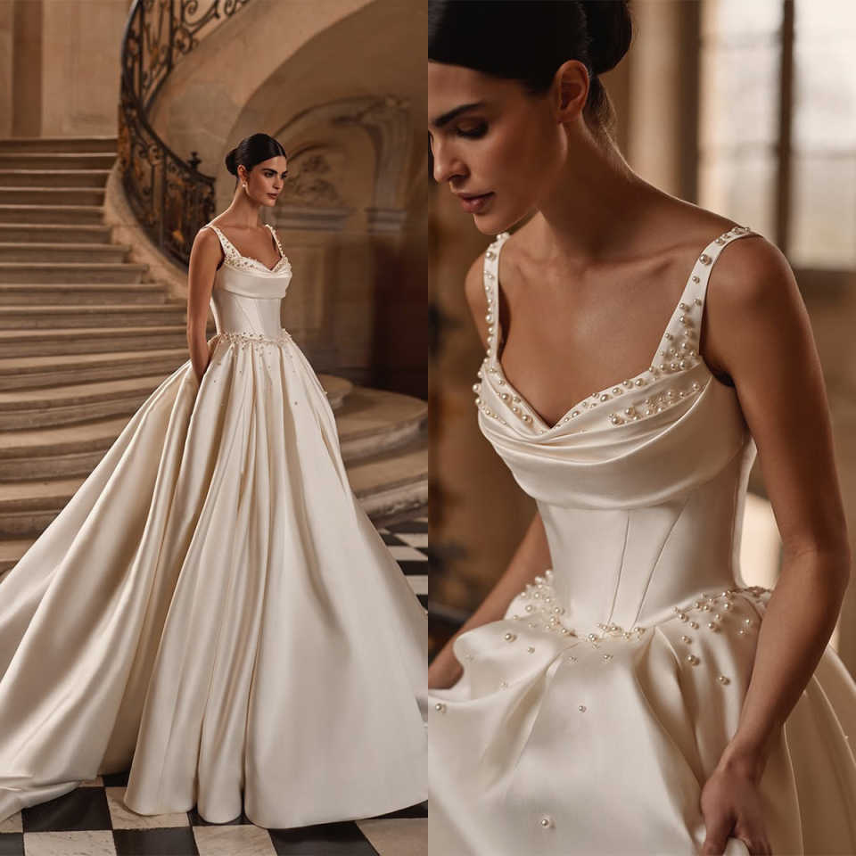 Charming A e Wedding Dresses Pearls Beading Satin Spaghetti Straps Bridal Gowns Backless Pleats Bride Dress